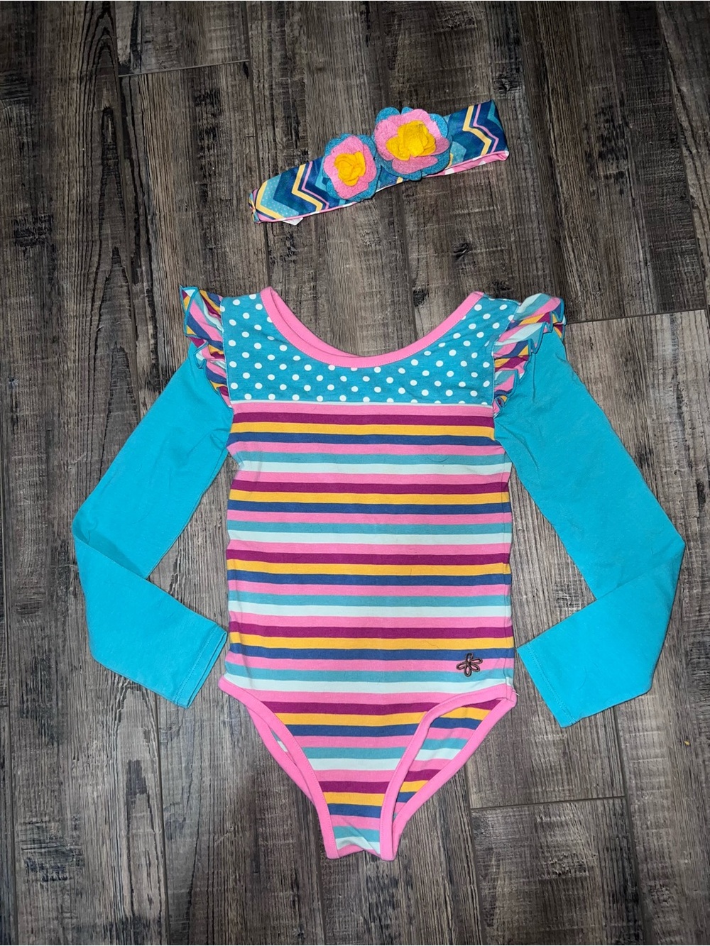Matilda Jane Dance Off Turquoise & Pink Striped Leotard with Headband